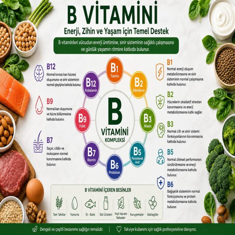 B vitamini kompleksi, B1, B2, B3, B5, B6, B7, B9 ve B12 vitaminleri ile besin kaynaklarını gösteren bilgilendirici infografik.