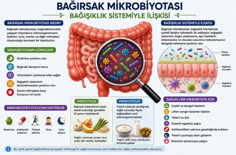 Bağırsak mikrobiyotası ve bağışıklık sistemi ilişkisini gösteren infografik